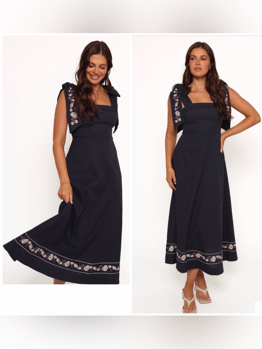 Mable Marcella Embroidered Navy Square-Neck Midi Dress